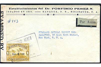 0,40/1 cord. Luftpost provisorium på luftpostbrev fra Managua d. 20.10.1942 til New York, USA. Åbnet af amerikansk censur no. 12514.
