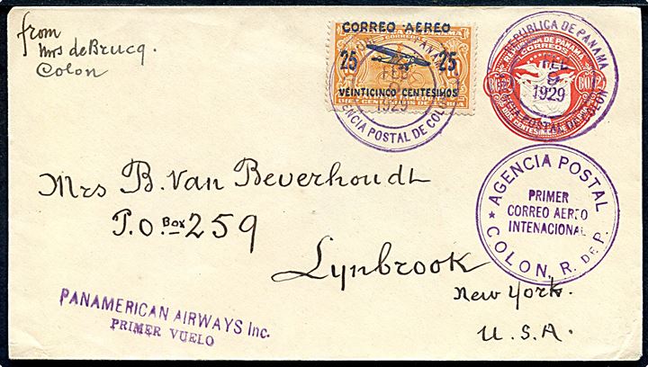 2 c. helsagskuvert opfrankeret med 25/10 c. Luftpost provisorium fra Colon d. 9.2.1929 til Lynbrook, USA. Violette flyvningsstempler fra Panamerican Airways 1ste flyvning.