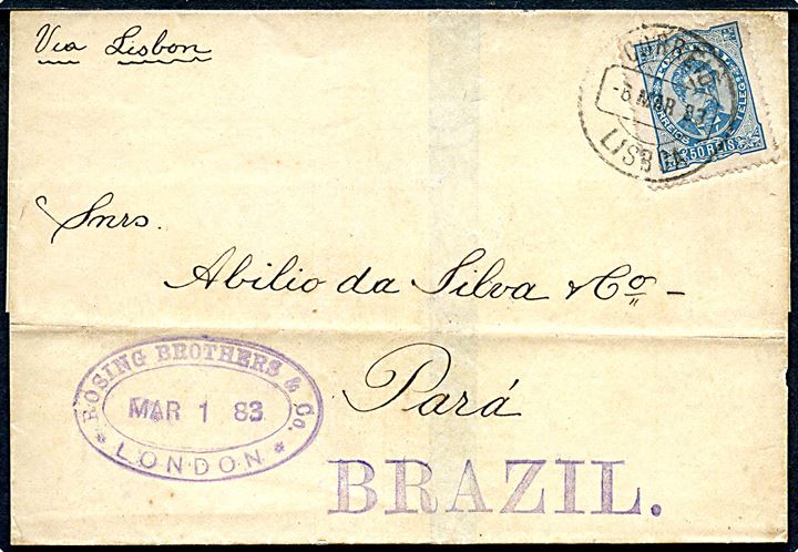 Ufrankeret korsbånd fra firma Rosing Brothers & Co. i London d. 1.3.1883 forwarded med ovalt stempel af Garland Laidley & Co. i Lissabon med 50 ries stemplet Lisboa d. 6.3.1883 til Para, Brasilien.