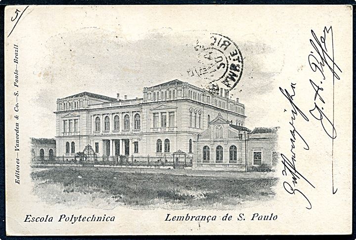 20 ries og 50 ries på brevkort (Escola Polytechnica) fra S. Paulo d. 19.1.1903 til Svendborg, Danmark.