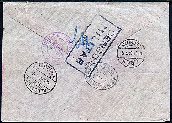 25 c. og 30 c. Landkort, 10 c. og 1½ b. Luftpost på anbefalet luftpostbrev fra Potosi 1936 via Cristobal, Canal Zone d. 31.4.1936 og New York d. 24.4.1936 til Hamburg, Tyskland - eftersendt til Neustadt Glewe. På bagsiden lokal boliviansk censur fra den såkaldte Chacokrig mellem Bolivia og Paraguay.