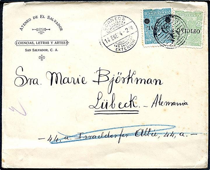 3/13 c. og 12 c. Oficial provisoriske tjenestemærker på brev fra San Salvador d. 14,1,1914 til Lübeck, Tyskland.