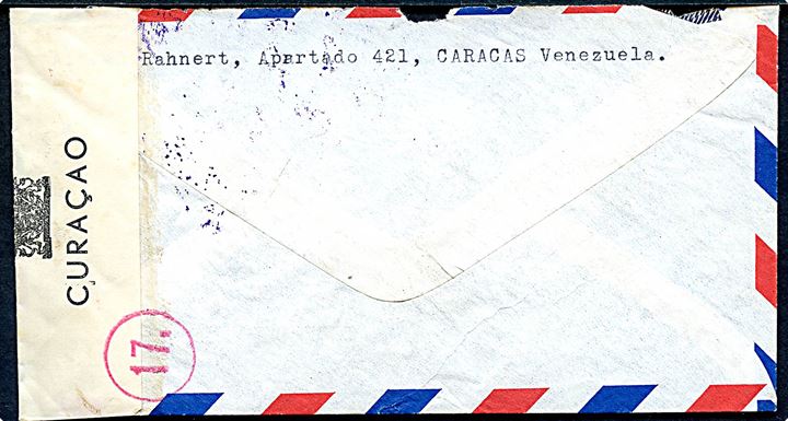 20 c. og 37½ c. på luftpostbrev med svagt stempel fra Caracas til tysk interneret civil person, Walter Mahnke, i  en hollandsk interneringslejr i Bonaire, Curacao. Åbnet af lokal hollandsk censur.  