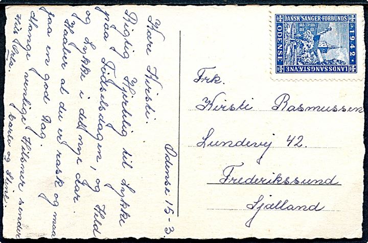 Blå Dansk Sanger-Forbunds Landssangerstævne i Odense 1942 mærkat på brevkort. 