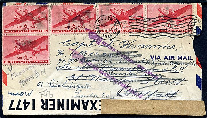 Amerikansk 6 cents Transport (5) på luftpostbrev fra Brooklyn til skibskaptajn Kvamme ombord på det norske handelsskib S/S Fridtjof Nansen i Belfast- eftersendt til London og returneret. Åbnet af britisk censur no. 1477.