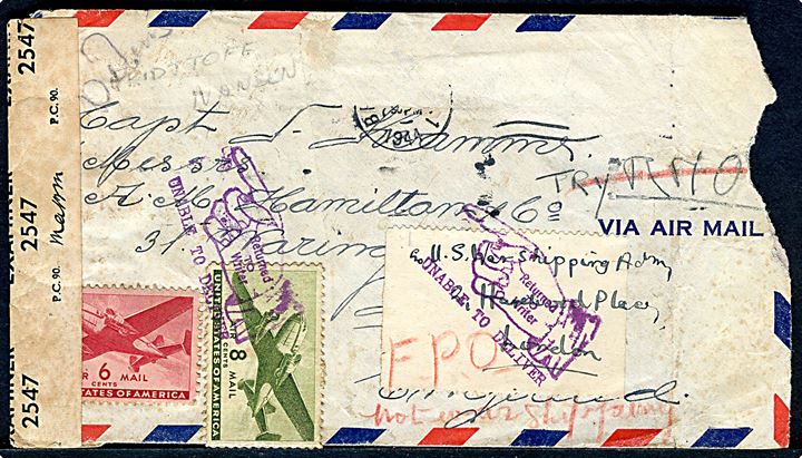 Amerikansk luftpostbrev fra Brooklyn 1944 til norsk skibskaptajn Kvamme ombord på handelsskibet Fridtjof Nansen. Eftersendt flere gange og retur som ubekendt. Flere mærker affaldet under befordringen. Åbnet af britisk censur no. 2547.
