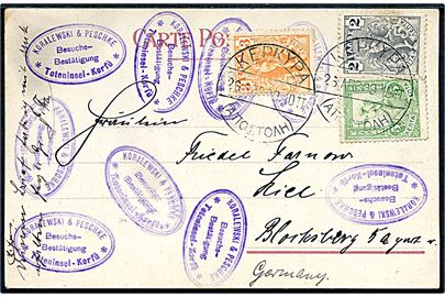 2 l., 3 l. og 5 l. Merkur på brevkort fra Korfu d. 26.4.1909 til Tyskland.