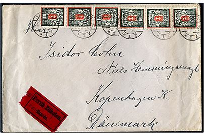 100 mk. (6) Våben på Infla ekspresbrev fra Danzig d. 4.2.1923 til København, Danmark. På bagsiden noteret Forsøgt afleveret kl. 8.54 FM og stemplet København 1. OMB. d. 6.2.1923.