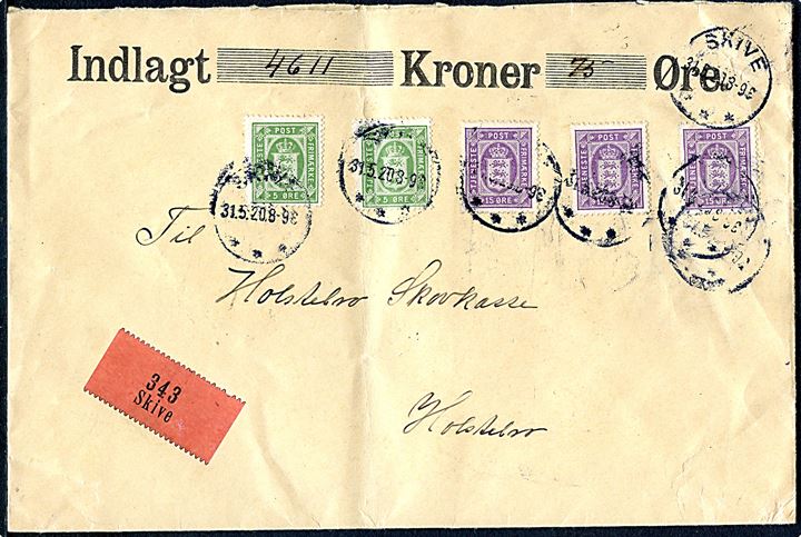 5 øre (2) og 15 øre (3) Tjenestemærke på 55 øre frankeret værdibrev fra Feldborg Skovdistrikt stemplet Skive d. 31.5.1920 til Holstebro.