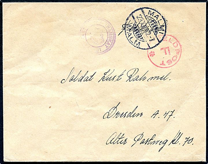 Ufrankeret feltpostbrev fra Malmi d. 23.12.1942 til soldat i Dresden, Tyskland. Rødt stempel FELDPOST F * og violet stempel fra den finske censur.