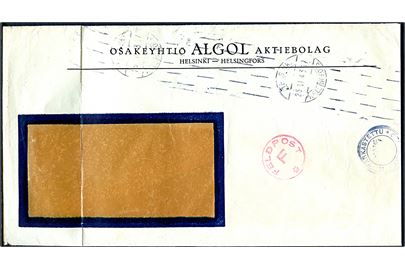 Ufrankeret finsk rudekuvert fra Helsingfors d. 25.6.1943 antagelig til Tyskland. Rødt dirigeringsstempel: FELDPOST F * og violet finsk censurstempel. Fold.