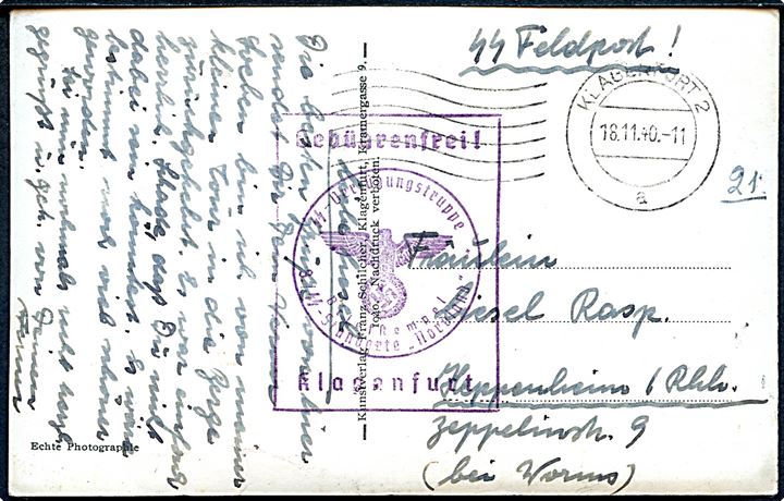 Ufrankeret SS-Feldpostkort fra Klagenfurt d. 18.11.1940 med briefstempel fra SS-Verfügungstruppe / 3. SS-Standarte Nordland til Heppenheim.