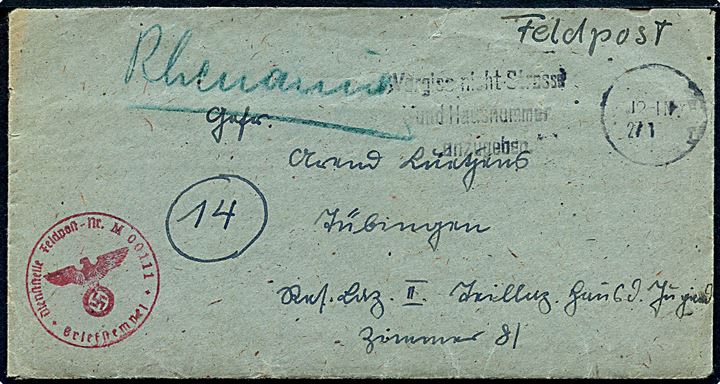Ufrankeret feltpostbrev med indhold og stumt stempel d. 27.1.1945 til militæradresse i Tübingen - eftersendt. Briefstempel og afs.-angivelse fra Feldpost Nr. M00111 (= Undervandsbåden U 324). 