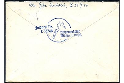 Ufrankeret feltpostbrev med indhold og stumt stempel d. 29.4.1940 og Briefstempel L 35740 = (5 Gruppe Jagdgeschwader 26 Schlageter stationeret i Dortmund). På bagsiden sjældent Pelikan-propaganda  Luftwaffe Briefstempel: Feldpost Nr. L35746 / Luftgaupostamt Münster i. Westf.