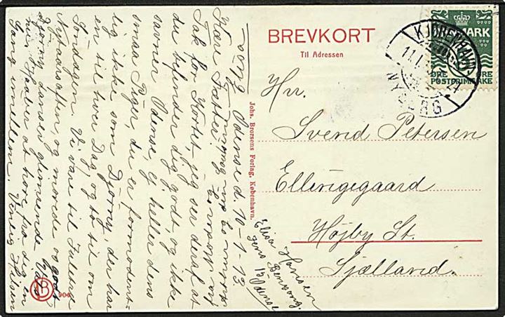 5 øre Bølgelinie på brevkort fra Odense annulleret med bureaustempel Kjøbenhavn - Nyborg T.24 d. 11.1.1913 til Højby St., Sjælland.