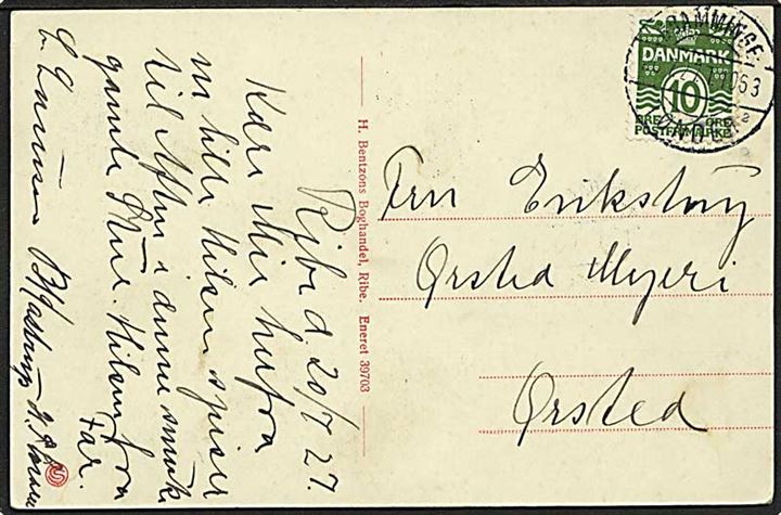 10 øre Bølgelinie på brevkort fra Ribe annulleret med bureaustempel Bramminge - Tønder sn2 T.1063 d. 20.7.1927 til Ørsted.