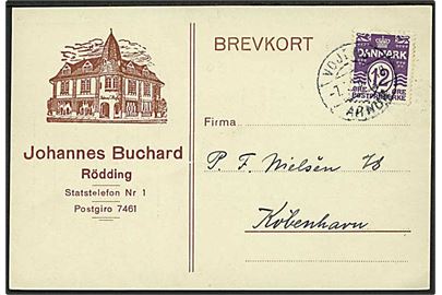 12 øre Bølgelinie på brevkort annulleret med bureaustempel Vojens - Arnum T.48 d. 7.4.1928 til København.