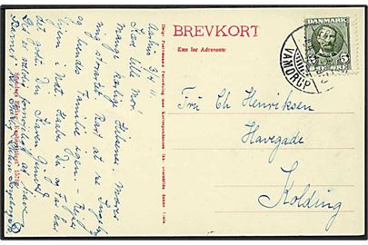 5 øre Fr. VIII på brevkort fra Aarhus annulleret med bureaustempel Fredericia - Vamdrup T.970 d. 4.4.1911 til Kolding.