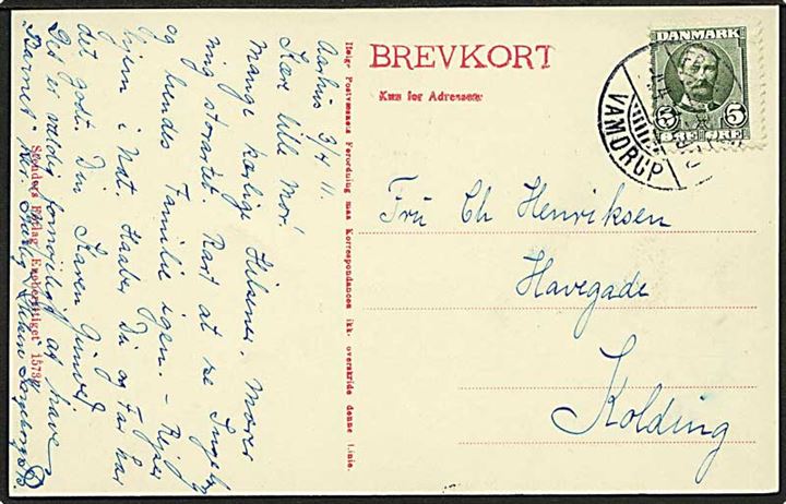 5 øre Fr. VIII på brevkort fra Aarhus annulleret med bureaustempel Fredericia - Vamdrup T.970 d. 4.4.1911 til Kolding.