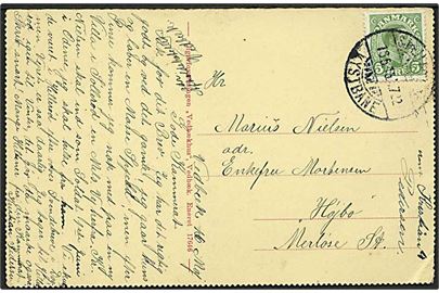 5 øre Chr. X på brevkort fra Vedbæk annulleret med bureaustempel Sjællandske Kystbane T.722 d. 16.5.1915 til Merløse.