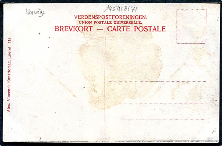 Islandsk hvalfangerskib Nordenskjöld med hval. Koloreret postkort, men for- og bagside formodes ikke at være sammenhørige. A. Vincent no. 115.