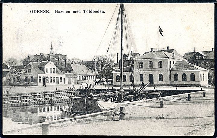 Odense, Havnen med Toldboden og sejlskib. W. M. no. 321.
