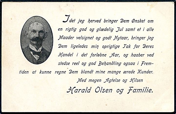 Guldborg L., Harald Olsens Bageri & Conditori. På bagsiden fortrykt julehilsen fra Harald Olsen og familie. Uden adresselinier.