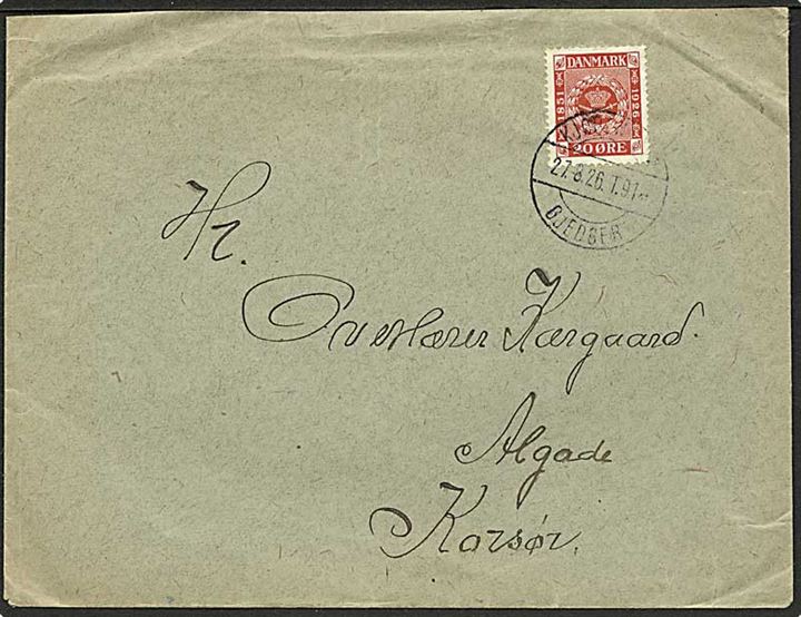 20 øre Frimærkejubilæum på brev annulleret med bureaustempel Kjøbenhavn - Gjedser T.91 d. 27.8.1926 til Korsør.
