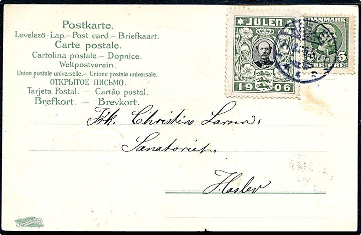 Nytårskort 1907. Tannenzweig no. 2706. Frankeret med 5 øre Chr. IX og Julemærke 1906 sendt lokalt i Haslev d. 31.12.1906.