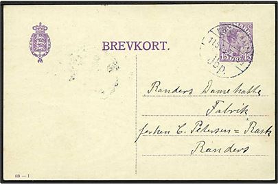 15 øre Chr. X helsagsbrevkort (fabr. 68-I) fra Vemb annulleret med reserve bureaustempel (R9) Nørrejyllands Jbp. T.1009 d. 11.5.1923 til Randers. Reservestempel benyttet på strækningen Fredericia - Struer.