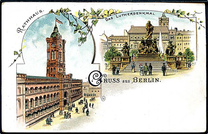 Berlin, Gruss aus med Rathhaus og Das Lutherdenkmal. U/no.