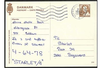1,80 kr. Margrethe helsagsbrevkort (fabr. 219) fra Uldum annulleret med bureau maskinstempel Fredericia - Struer T.7782 d. 2.9.1982 til Bagsværd.