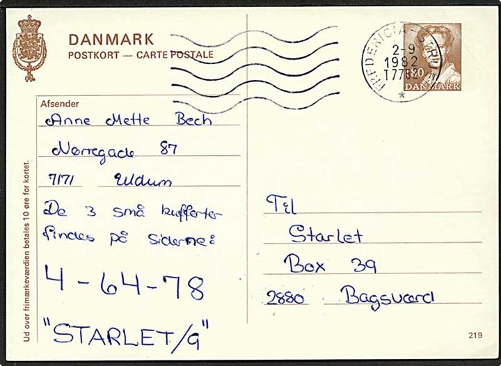 1,80 kr. Margrethe helsagsbrevkort (fabr. 219) fra Uldum annulleret med bureau maskinstempel Fredericia - Struer T.7782 d. 2.9.1982 til Bagsværd.