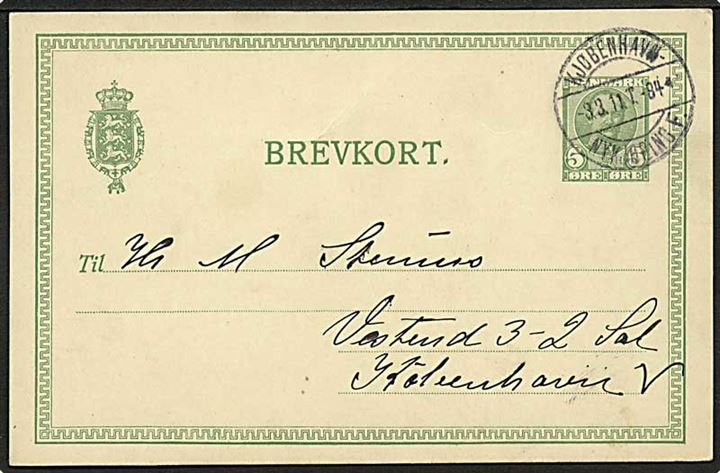 5 øre Fr. VIII helsagsbrevkort fra Haslev annulleret med bureaustempel Kjøbenhavn - Nykjøbing F. T.84 d. 3.3.1911 til København.