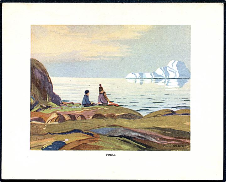 Grønland. Emanuel A: Petersen Forår, landskab med Isbjerge. Klapkort skrevet 1949. L. Levison Junr. no. SC 5203.