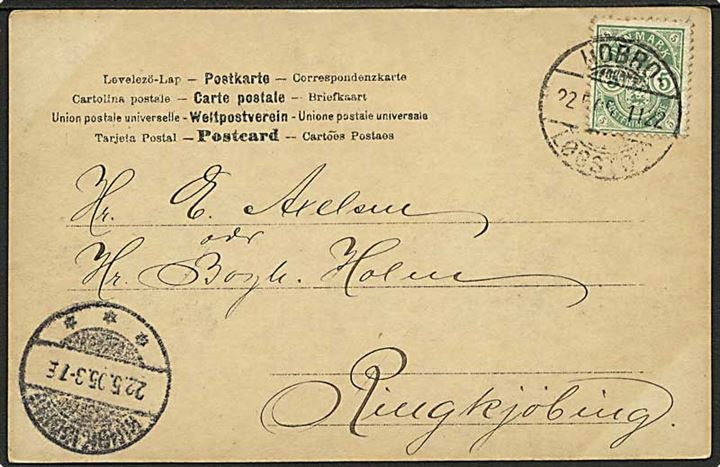 5 øre Våben på brevkort fra Løgstør annulleret med bureaustempel Hobro - Løgstør T.1122 d. 22.5.1905 til Ringkøbing.
