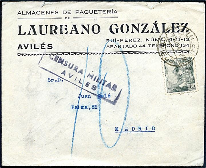 40 cts. Franco på illustreret firmakuvert fra Avilés d. 19.11.1941 til Madrid. Lokal spansk censur fra Avilés.