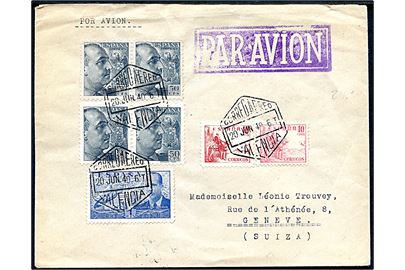 10 cts. Rytter (2) 50 cts. Franco i fireblok og 1 pts. Luftpost på luftpostbrev fra Valencia d. 20.6.1940 til Geneve, Schweiz. På bagsiden lokal spansk censur fra Valencia. 