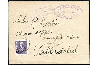 40 cts. Isabel på brev annulleret med svagt stempel fra Candeleda til Valladolid. Lokal borgerkrigscensur fra Arenas de San Padro (Avila). 