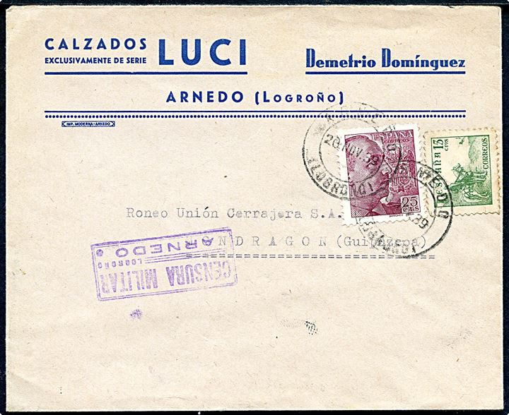 15 cts. Rytter og 25 cts. Franco på brev fra Arnedo d. 20.11.1939 til Mondragon. Lokal spansk censur fra Arnedo.