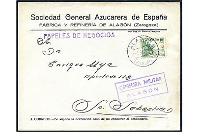 10 cts. Rytter på tryksag fra Alagón d. 3.6.1938 til San Sebastian. Lokal spansk censur fra Alagón.
