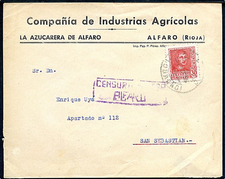 30 cts. på brev fra Alfaro d. 31.10.1938 til San Sebastian. Lokal borgerkrigscensur fra Alfaro. På bagsiden veægørenhedsmærke: Cruzada contra el frio.