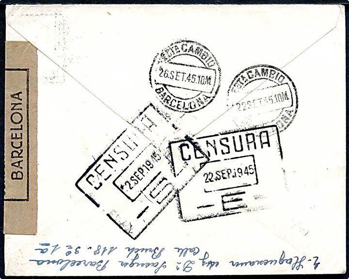 5 cts. Rytter og 70 cts. Franco på brev fra Barcelona d. 22.9.1945 til Nancy, Frankrig. Åbnet af spansk censur i Barcelona.