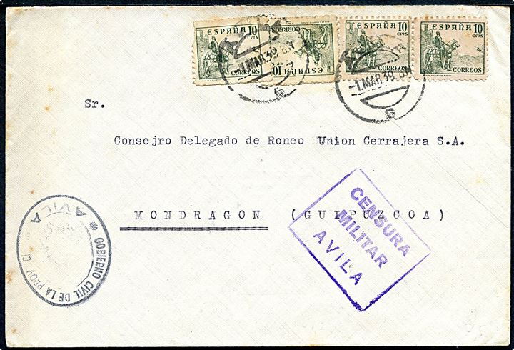 10 cts. Rytter (4) på fortrykt kuvert fra El Gobernador Civil med ovalt afsenderstempel og stemplet Avila d. 1.3.1939 til Mandragon. Lokal censur i Avilda.