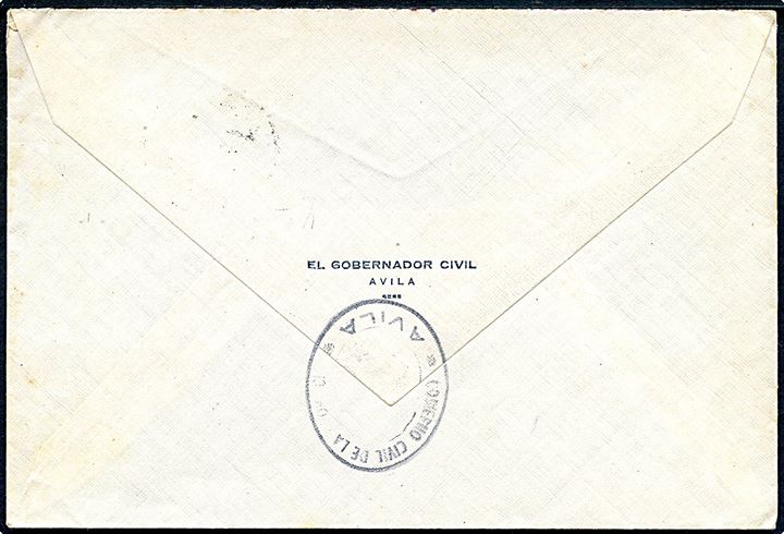 10 cts. Rytter (4) på fortrykt kuvert fra El Gobernador Civil med ovalt afsenderstempel og stemplet Avila d. 1.3.1939 til Mandragon. Lokal censur i Avilda.