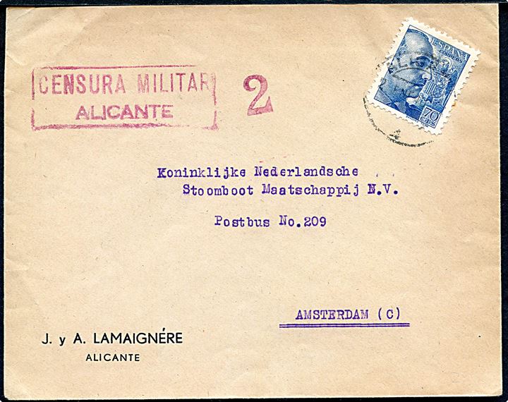 70 cts. Franco single på brev fra Alicante d. 2.1.1940 til det Hollandske Dampsskibsselskab i Amsterdam, Holland. Lokal censur fra Alicante. 