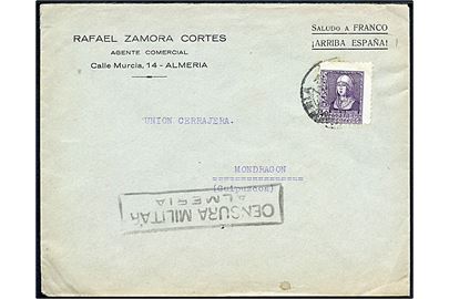 40 cts. Isbel single på brev fra Almeria med svagt stempel til Mondragon. Lokal censur fra Almeria.