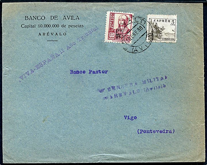 5 cts. Rytter og 25 cts. Isabel på brev fra Aréval d. 10.1.1938 til Vigo. Violet propaganda-stempel og lokal censur fra Areval.