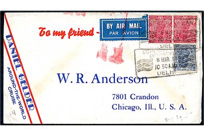 3 as. (2) og 3 As. 6p. George V på fortrykt kuvert Daniel Gelder around-the-world cruise fra Delhi d. 8.3.1938 yil Chicago, USA. Luftpostetiket annulleret med rødt stempel. Et mærke defekt.