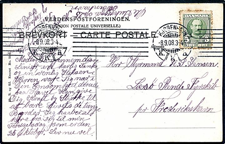 5 øre Fr. VIII på brevkort fra Kjøbenhavn d. 8.9.1908 til styrmand ombord på Læsø Rende Fyrskib pr. Frederikshavn.
